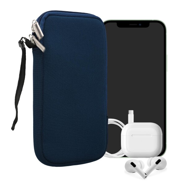 kwmobile Neoprene Phone Pouch Size L - 6.5 - Universal Cell Sleeve Mobile Bag with Zipper, Wrist Strap - Navy Blue