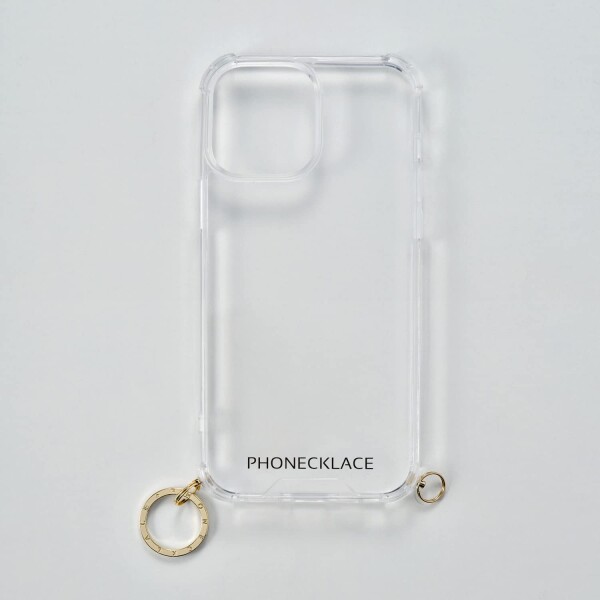 PHONECKLACE iPhone 13 ProMax ゴールドロゴリングケース ハイブリッドクリアバンパーケース：複数のストラップと組み合わせて安全にスマ