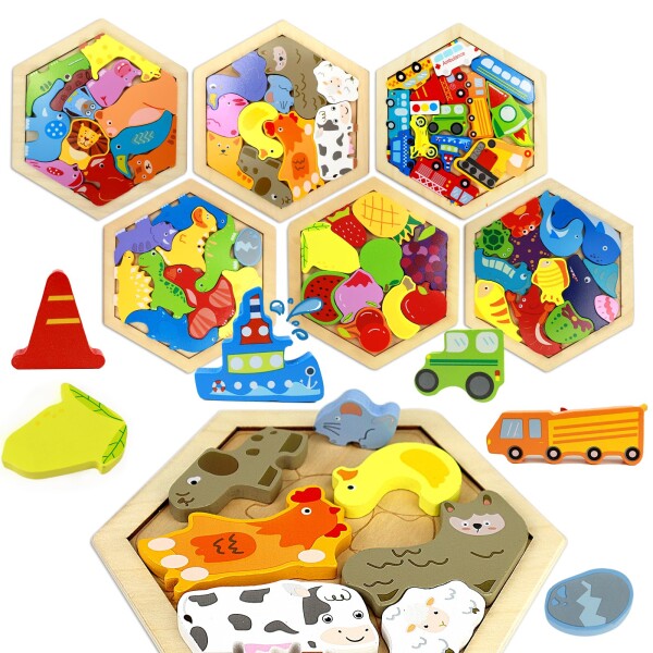 CORPER TOYS 木製パズル 型はめパズル 形合わせ 豪華セット 六角形 はめ込み ブロック 積み木 積み上げ バランスゲーム 動物 乗り物 果物