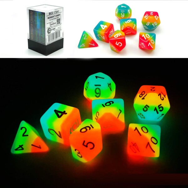 Bescon Fantasy Rainbow Glowing Polyhedral Dice 7pcs Set MIDNIGHT CANDY, Luminous RPG Dice Set Glow in Dark, Novelty DND Game Dic