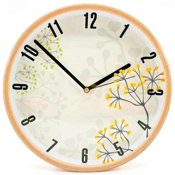 Danmukeji 掛け時計 シンプル 北欧 ミュート 自然 木製壁掛け時計 丸い ガラスミラー 連続秒針 かわいい小さな花 大きなフォント 見やす