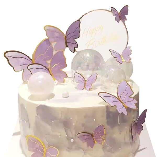 ケーキトッパー 誕生日ケーキ 飾り ハッピーバースデー 飾り付け 紫 蝶 ケーキ挿入 ケーキインサート バースデーケーキ デコレーションセ