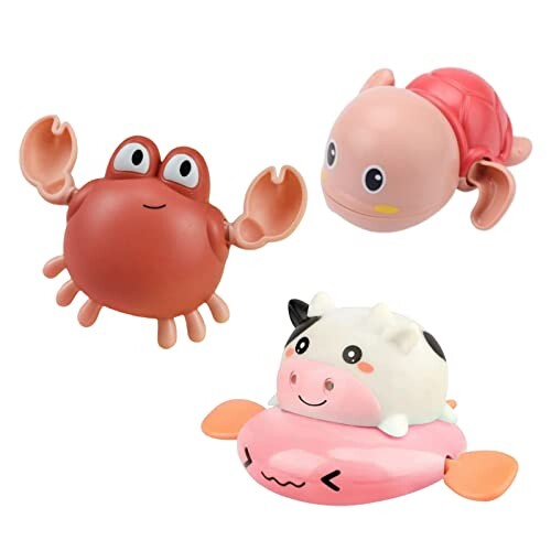 (APOSITV)お風呂 おもちゃ 浮かぶ 動く カニ カメ ウシ 3点セット 水遊び ゼンマイ式 玩具 浮く (ピンク3点セット)