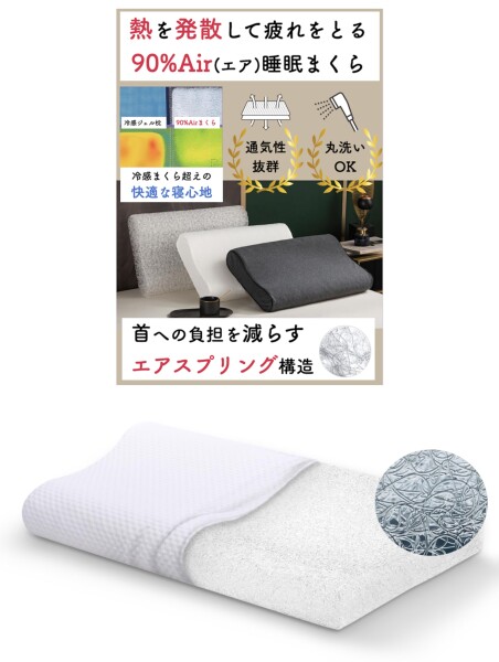 90%Air（エア） 熱がこもらない枕 放熱 通気性 首が痛くならない 高反発枕 エアスプリング 高さ調節 洗える枕 仰向け 横向き （ホワイト