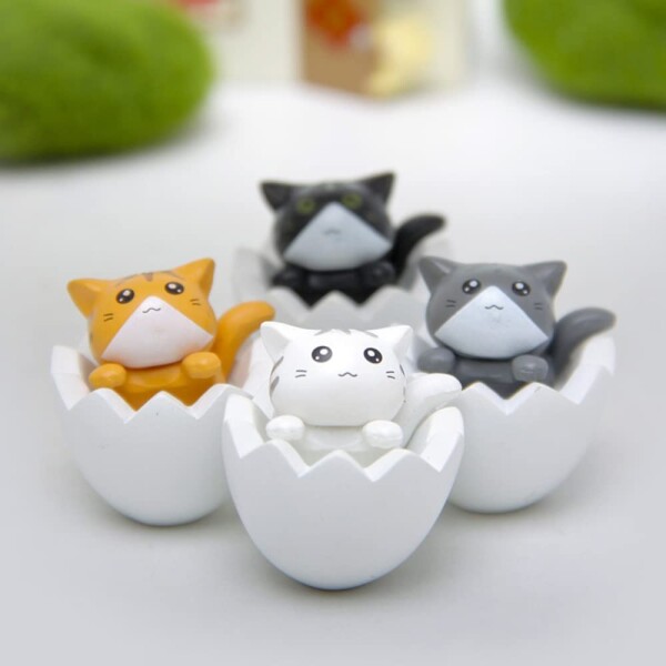 WOWTAC 4匹のかわいい卵殻の猫 猫 置物 玄関小物 インテリア飾り 招き猫 幸運 招き 誕生日プレゼント (白い卵殻)