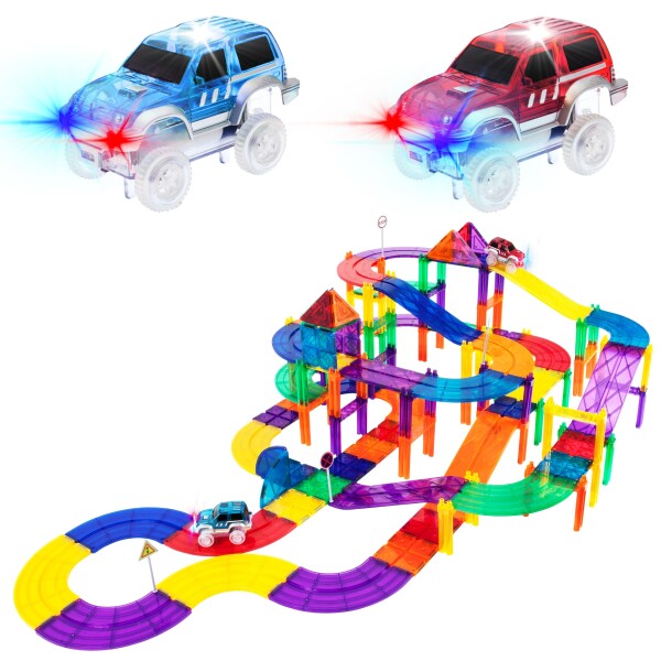 PicassoTiles 100ピース レースカートラック マグネット 組み立てブロック 教育玩具セット マグネットタイル ブロック プレイセット LED