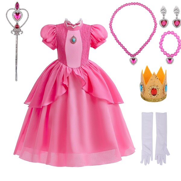 (TUAHOUS) ピーチ姫 子供 コスプレ衣装 ハロウィーン・コスチューム ピーチ姫 ドレス アクセサリー クラウン イヤリング 手袋とネックレ