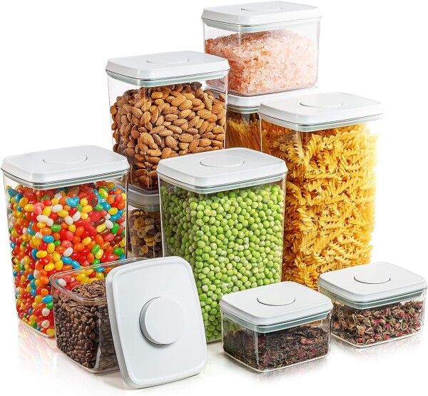 Tourdeus 真空保存容器 キャニスター 保存容器 プラスチック ポップアップコンテナ 湿気を防ぐ 透明 10個セット ポップトップ式の食品保