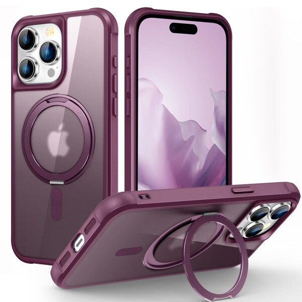 360°回転スタンド付き iPhone 15 Pro Max ケース MagSafe対応 縦横両対応 スリム 半透明 薄型 マグネット搭載 隠しスタンド アイフォン1