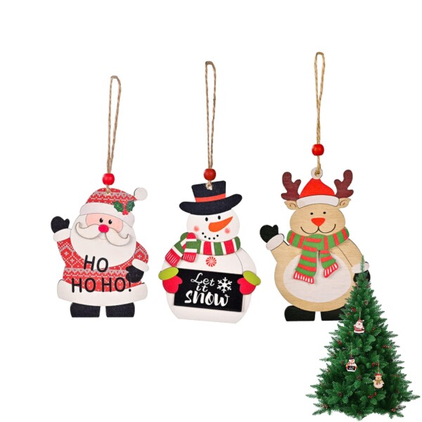 クリスマス オーナメント 木製 3個セット サンタクロース トナカイ 雪だるま 北欧 クリスマスツリー オーナメント 飾り ギフトタグ 紐付