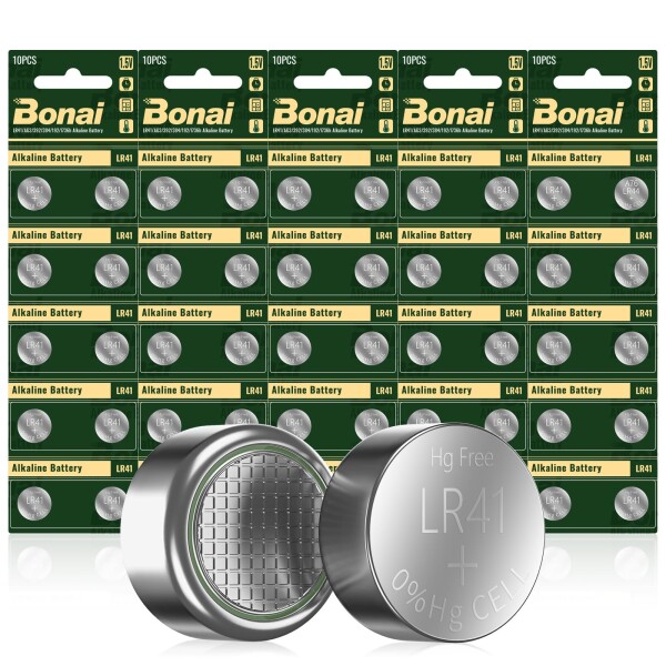 BONAI LR41 ボタン電池 50個 (新しい品質のアップグレード) 1.5V アルカリボタン電池 LR41 電池ミニゲームや温度計などに最適