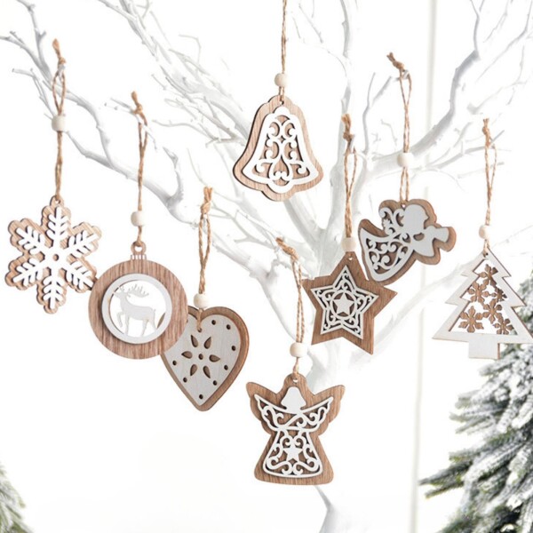 クリスマス オーナメント 木製 8枚 クリスマスツリー 飾り 木製スライス 雪の結晶 トナカイ ベル クリスマスツリー 天使 星 ハート 二層