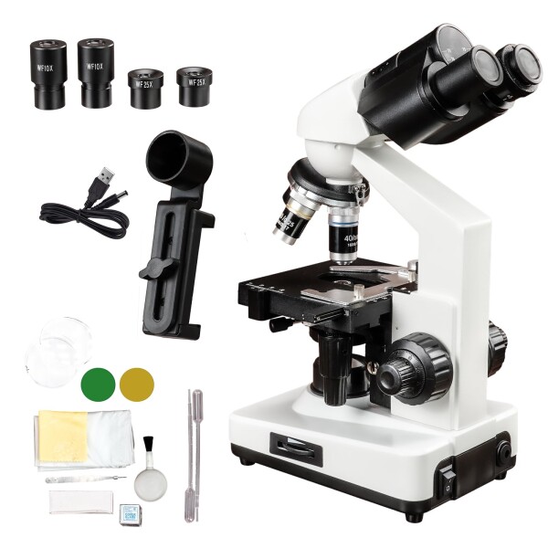 SVBONY SM201 顕微鏡 生物顕微鏡 複合双眼顕微鏡 40X-2500X 10X、25Xの広視野接眼レンズ 100X色消し対物レンズ LEDライト 2つの電源供給